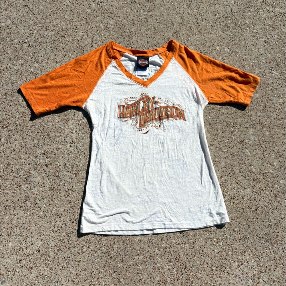 Harley-Davidson Orange and White Raglan V Neck Shirt 3/4 Sleeves Ft Worth